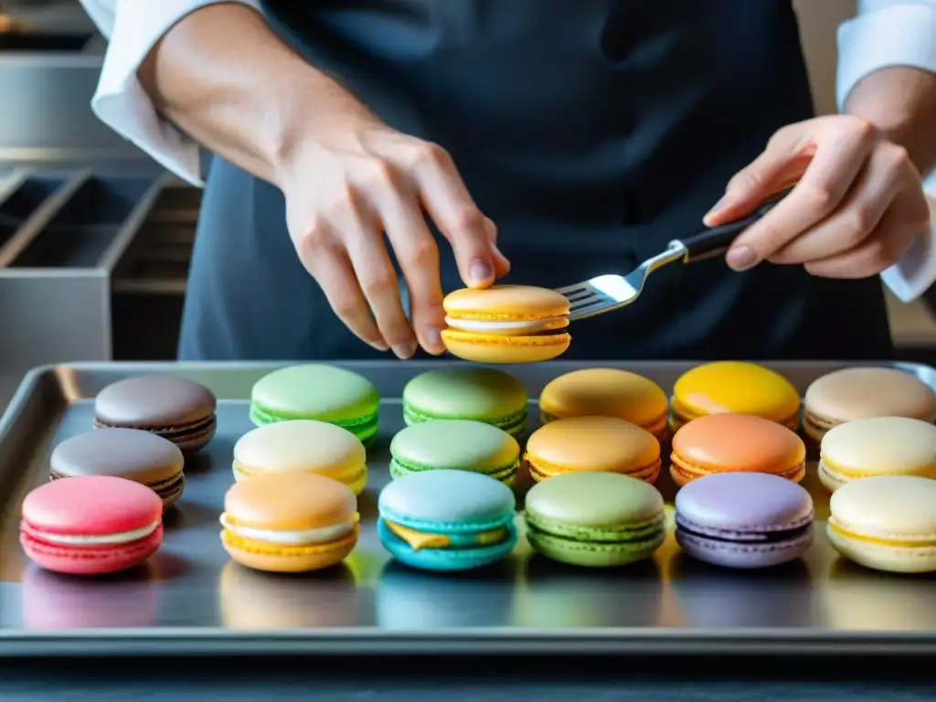 Un hábil chef pastelero creando macarons con precisión y arte