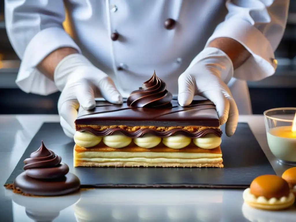 Un hábil chef pastelero francés decora con precisión un Millefeuille, mostrando la importancia pastelería francesa en gastronomía