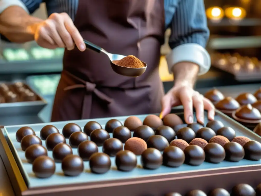 Un hábil chocolatero elabora bonbones franceses con precisión en un curso de chocolate francés gastronomía