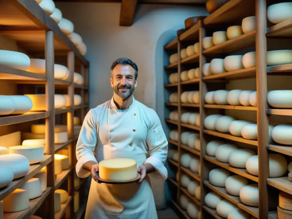 Un hábil maestro quesero francés elaborando un queso Lavort en una tradicional Fromagerie