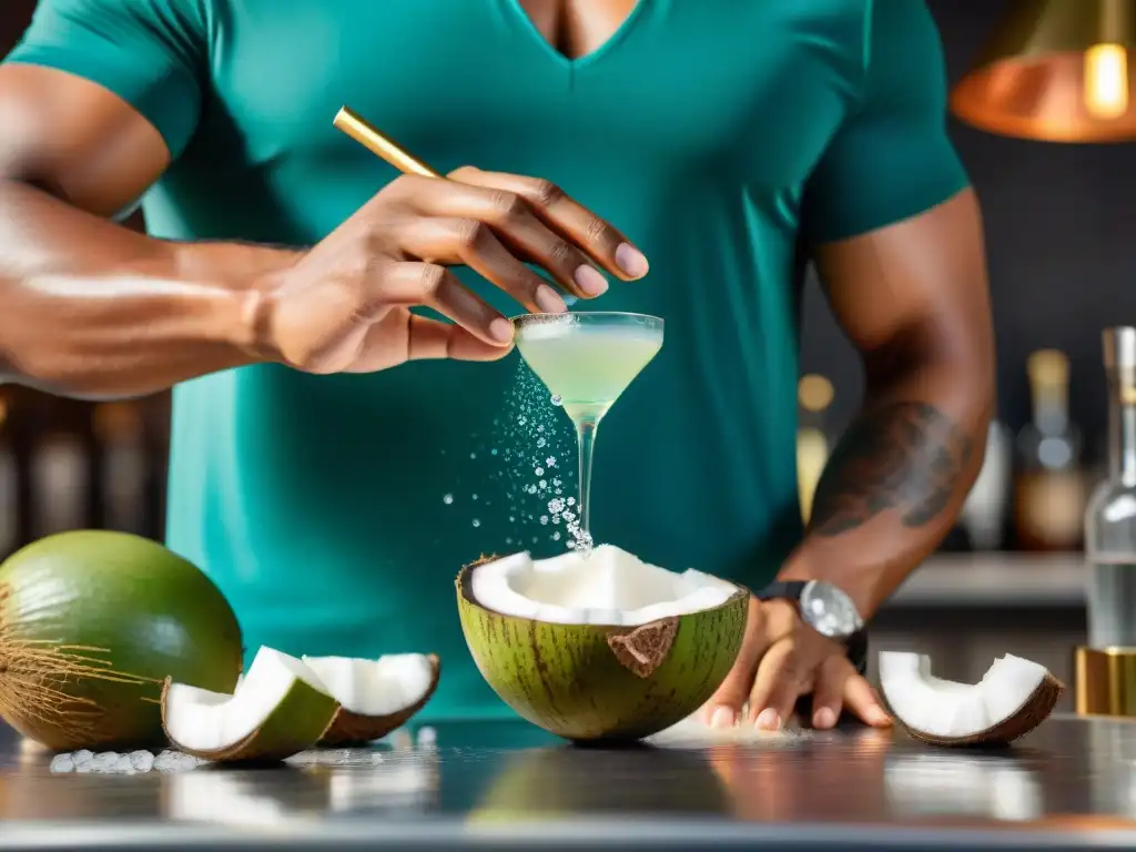 Un hábil mixólogo en un elegante bar francés, creando una innovadora coctelería con agua de coco