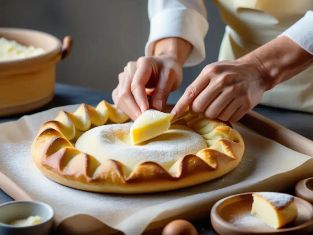 Un hábil panadero elabora con destreza un Kouignamann tradicional breton, desplegando su arte en la masa con mantequilla y azúcar