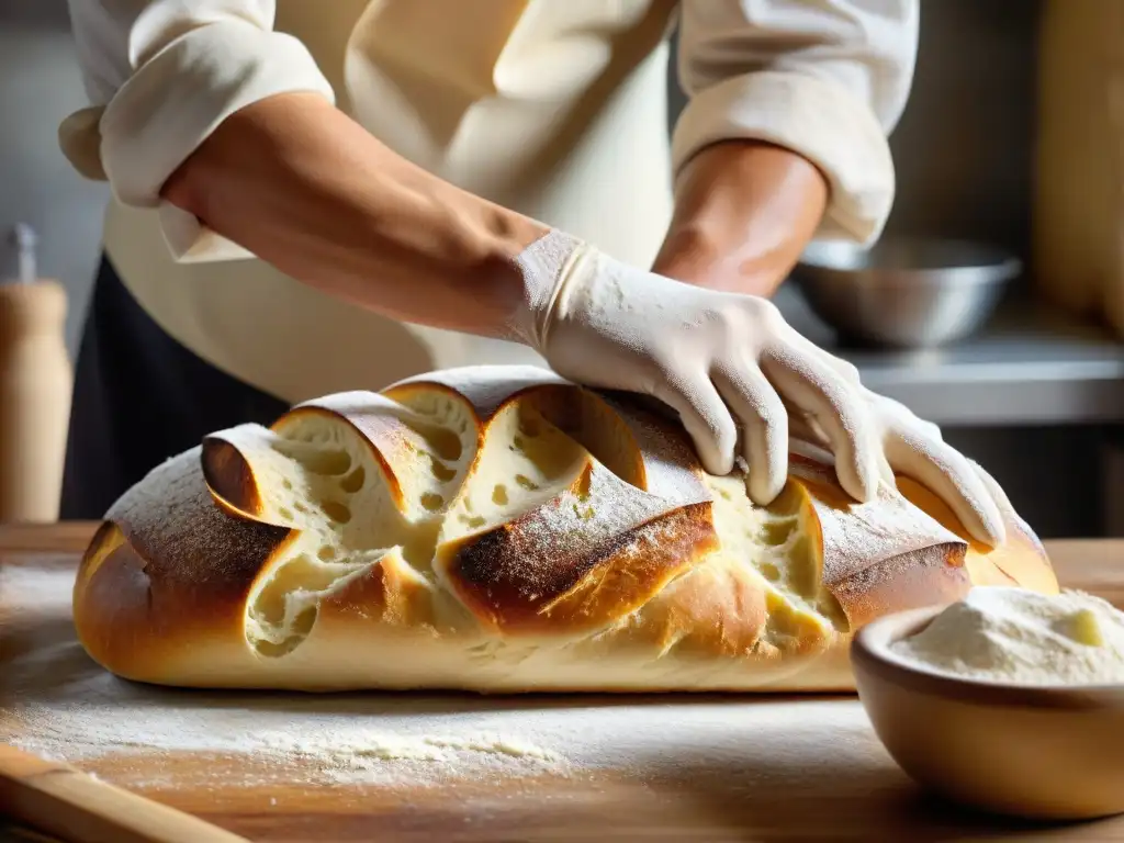 Un hábil panadero moldea una hogaza de ciabatta en una panadería rústica francesa, fusionando técnicas de panificación francoitalianas