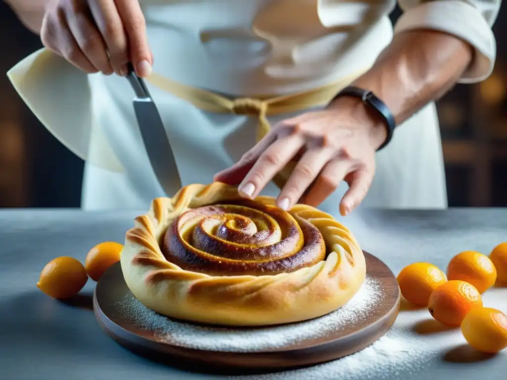 Un hábil pastelero elaborando un delicado dulce escargotine en Borgoña