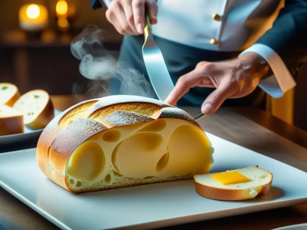 Un hábil chef talla con precisión una intrincada escultura en mantequilla en una mesa de banquetes francesa