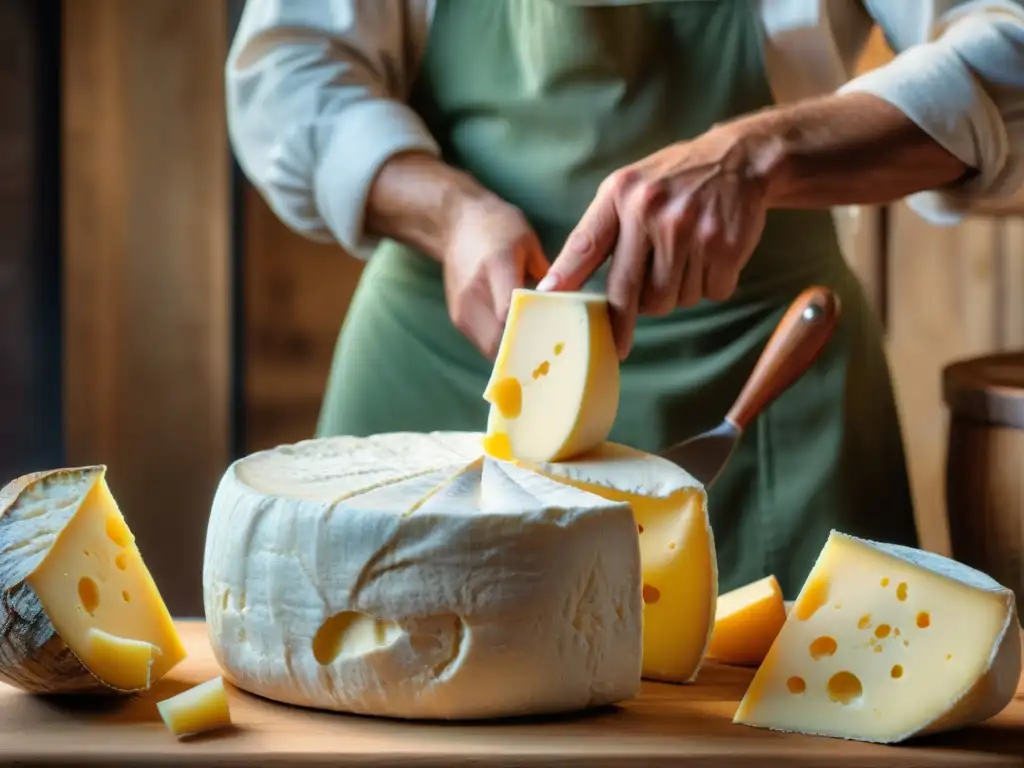 Un hábil quesero francés elabora un tradicional queso Camembert, mostrando la historia y la artesanía de la gastronomía de quesos franceses