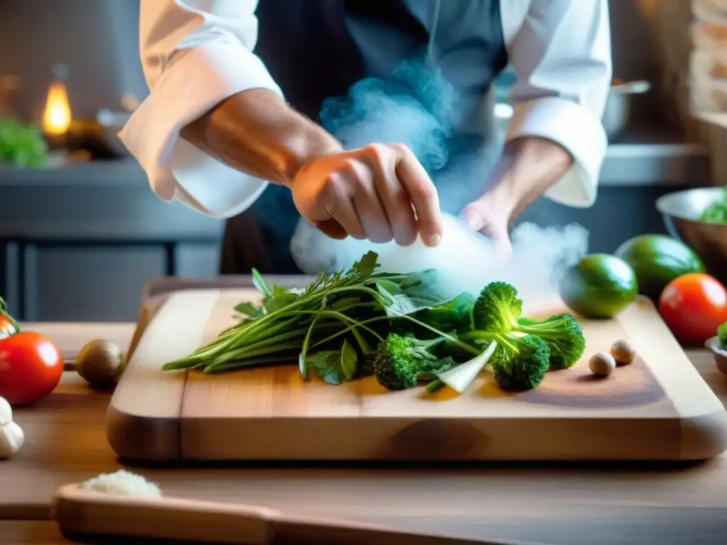 Las hábiles manos del chef en una cocina rústica, fusionando sabores post-Revolución Francesa