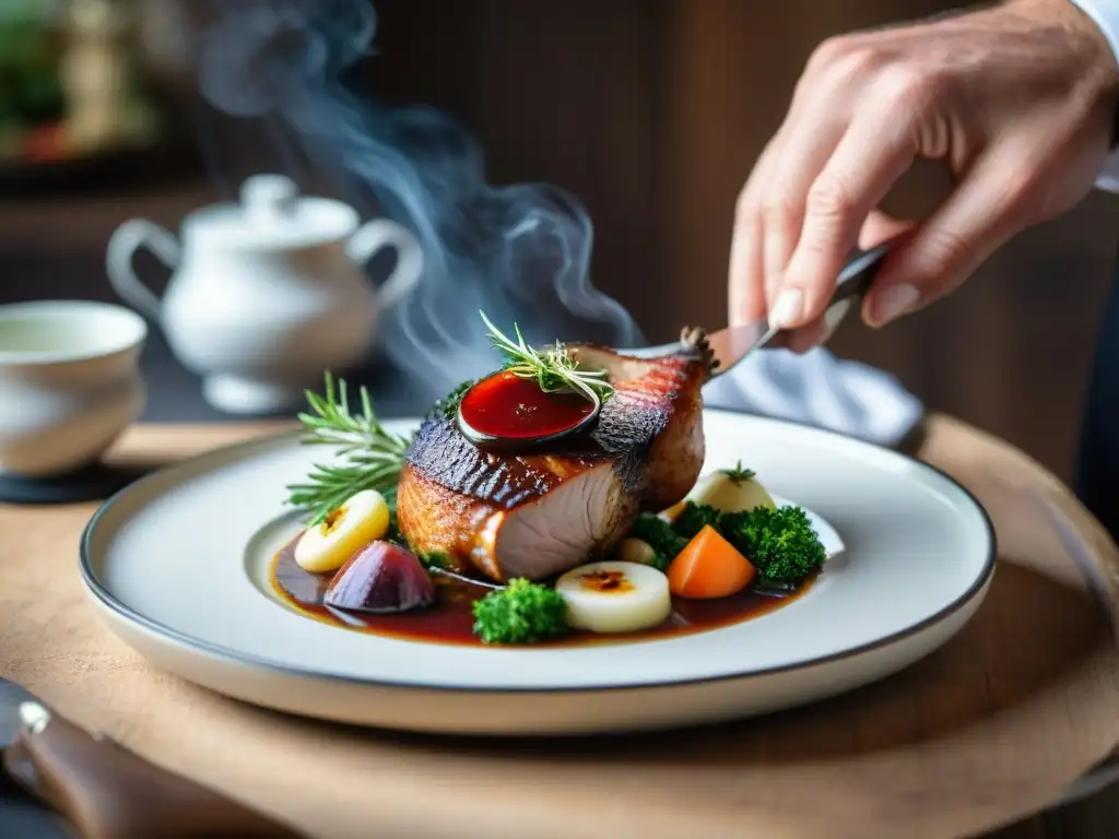 Las hábiles manos de un chef francés finalizan la presentación de un exquisito coq au vin