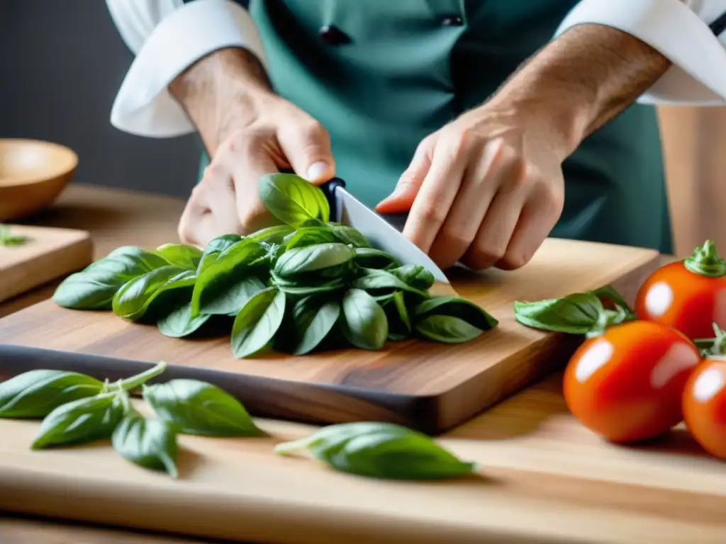 Las hábiles manos del chef cortando hierbas frescas en una tabla de cortar de calidad