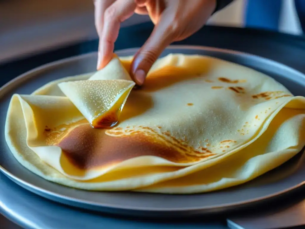 Las hábiles manos del chef extienden la masa de crepes veganos en una sartén caliente