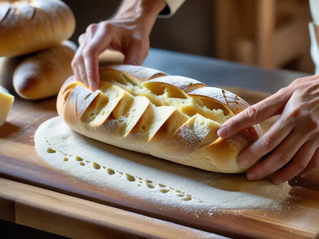 Las hábiles manos de un chef francés moldean con precisión una baguette, mostrando la fermentación en cocina francesa