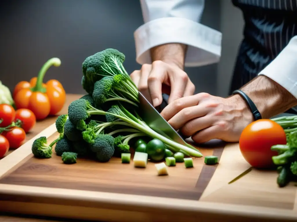 Las hábiles manos del chef cortan verduras en brunoise, reflejando la técnica brunoise en la cocina francesa