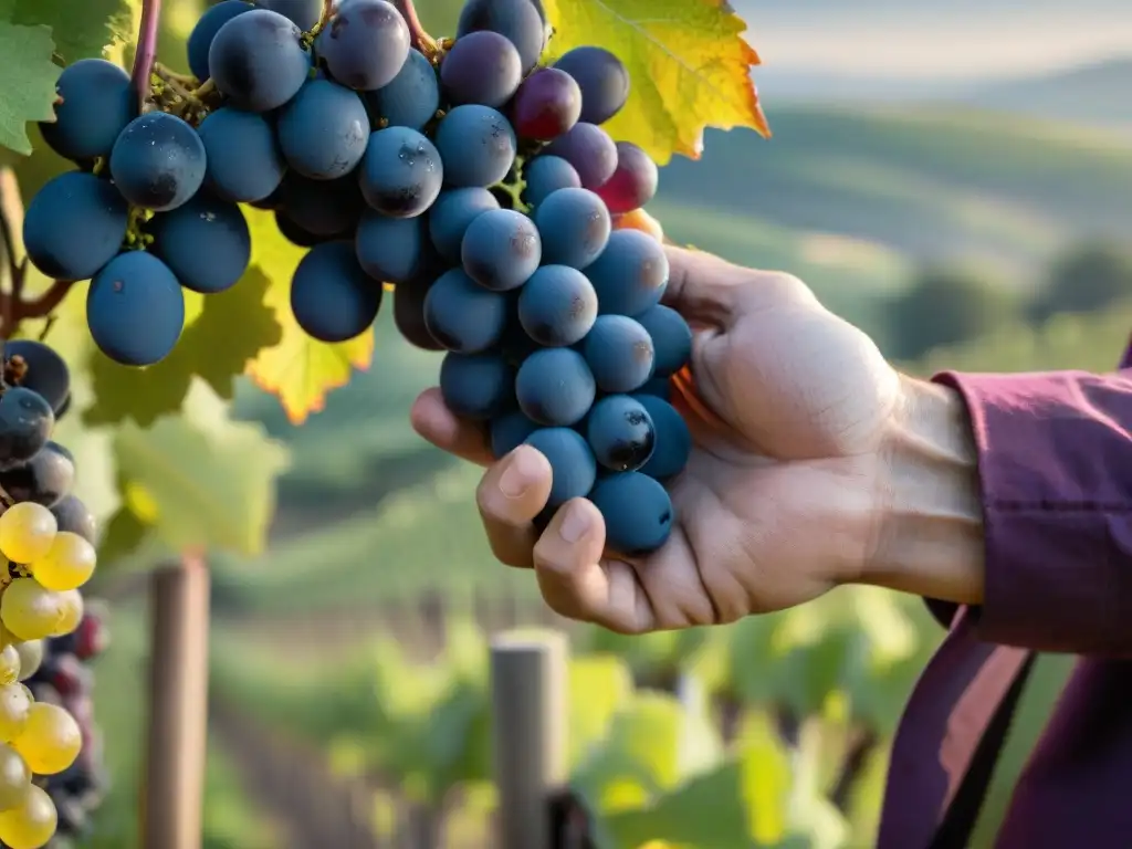 Las hábiles manos del enólogo sostienen uvas maduras en viñedos franceses, mostrando el proceso artístico del vino francés