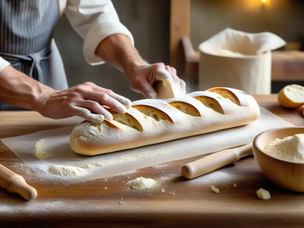 Unas hábiles manos moldeando masa de baguette con destreza, revelando los secretos para hornear baguette en una panadería artesanal