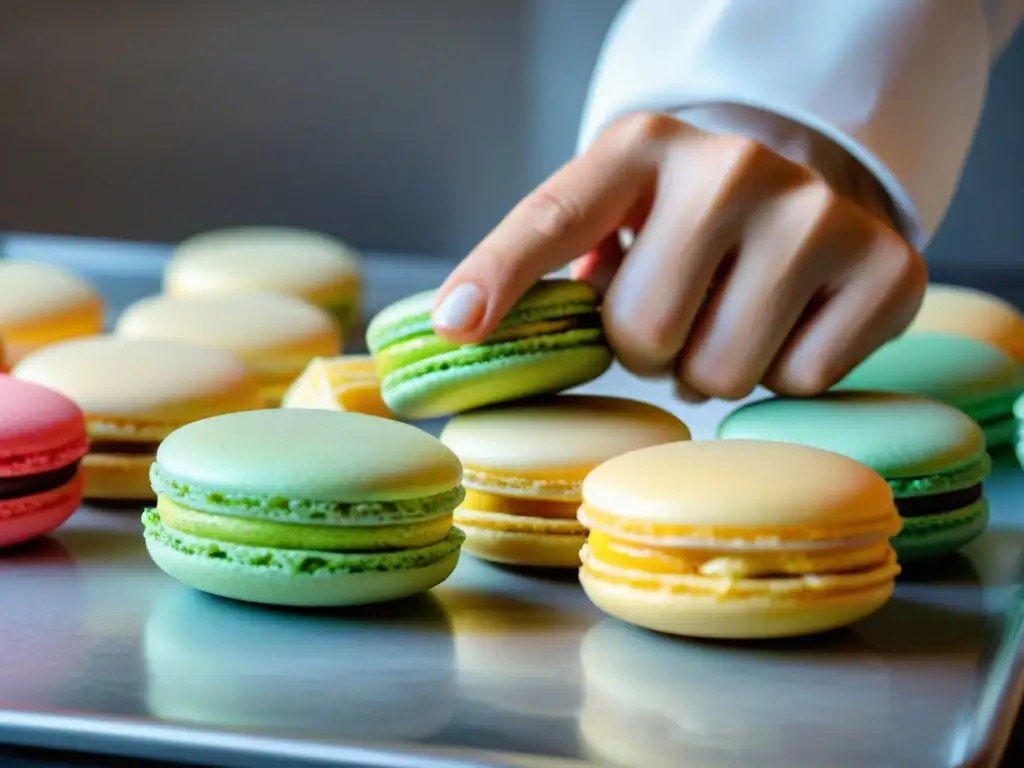 Las hábiles manos de un panadero experto creando macarons franceses sobre tapetes de silicona