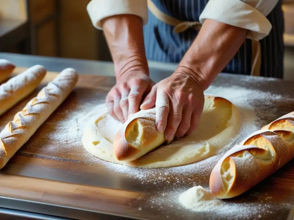 Las hábiles manos de un panadero dando forma a una baguette francesa