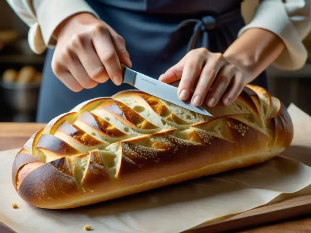 Las hábiles manos de un panadero tallando patrones florales en una baguette recién horneada, mostrando el arte del tallado artístico en pan francés