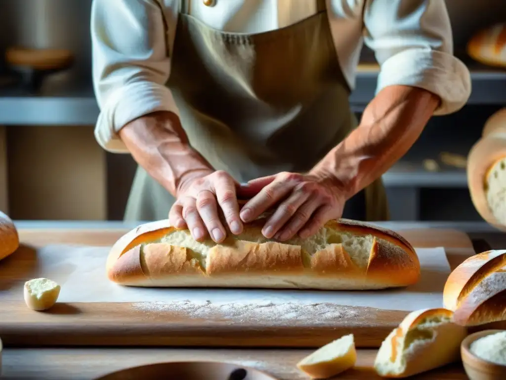 Habilidoso panadero francés dando forma a una baguette perfecta en panadería tradicional