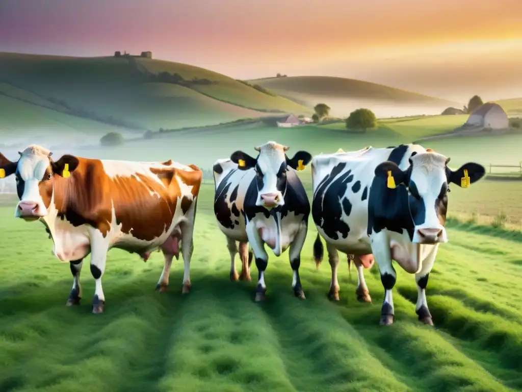 Herd of elegant dairy cows grazing in a French countryside farm at golden hour, evocando la tranquilidad de la dieta francesa