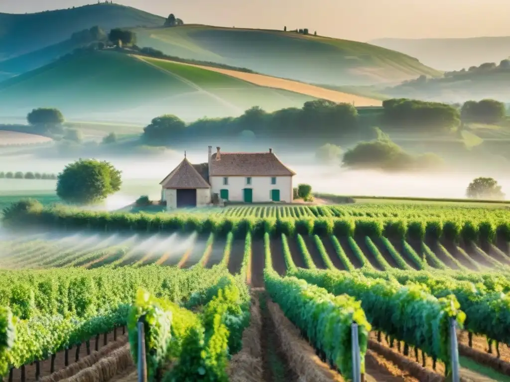 Herencia agrícola francesa sostenible: granja tradicional rodeada de campos verdes y viñedo al fondo, reflejando armonía con la naturaleza