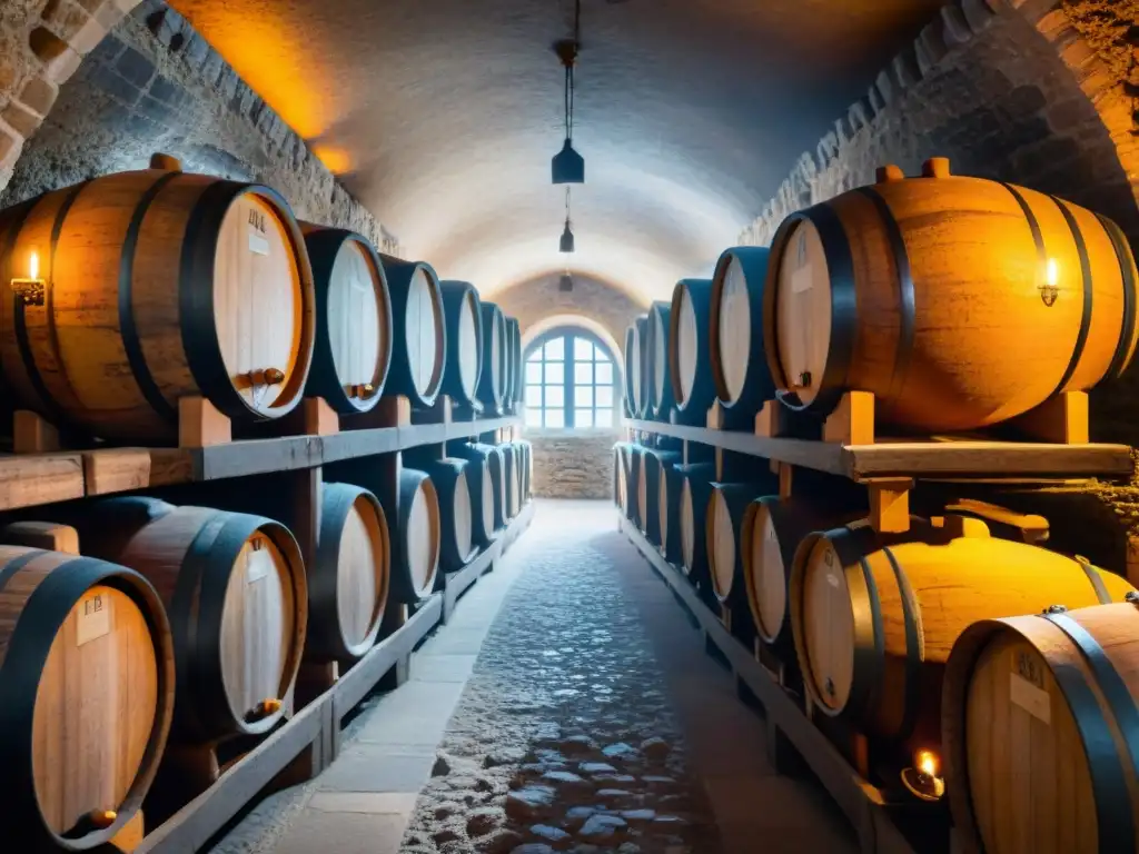 Hermosa bodega subterránea iluminada por velas en Francia, con barricas de vino del siglo XIX