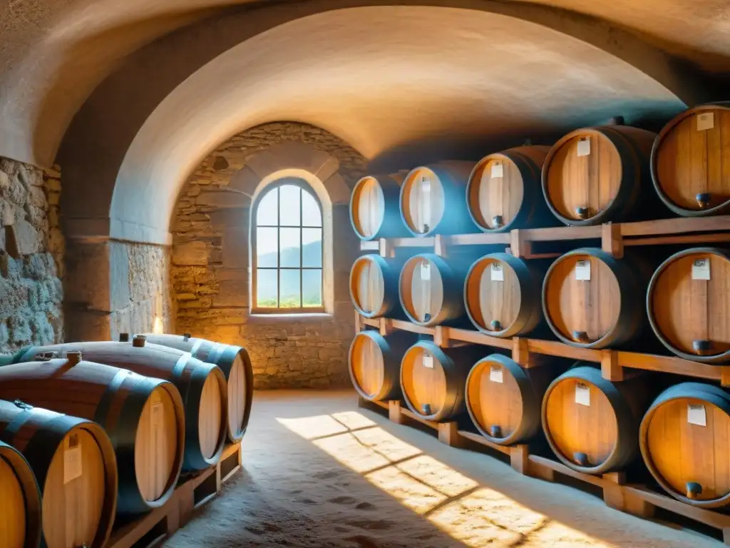 Hermosa bodega de vinos franceses con barriles antiguos y etiquetas desgastadas, iluminada por la historia vinos franceses innovadores