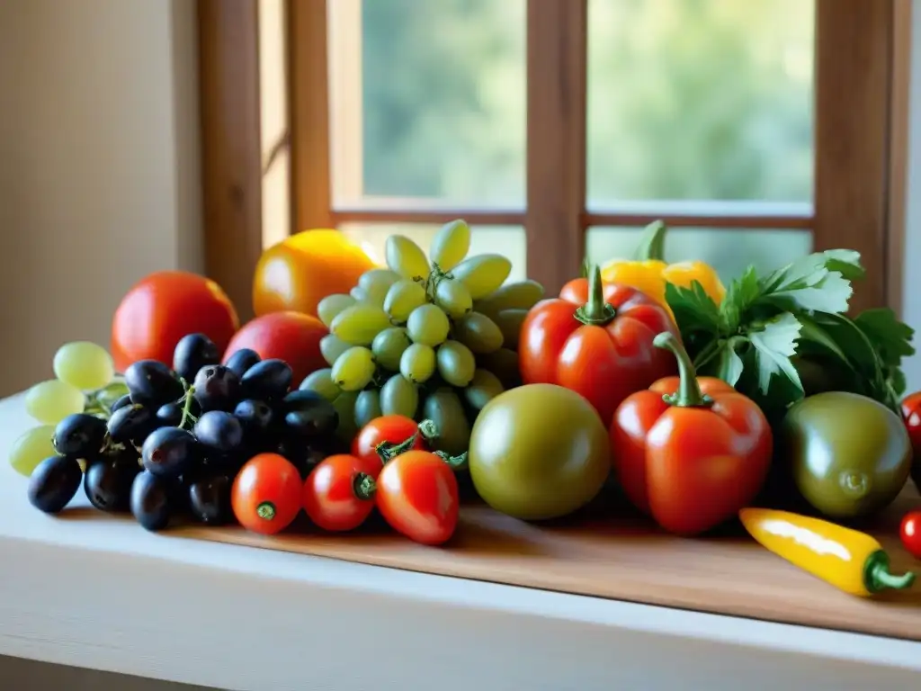 Una hermosa composición de frutas y verduras frescas mediterráneas francesas en una mesa de madera rústica, irradiando frescura y salud