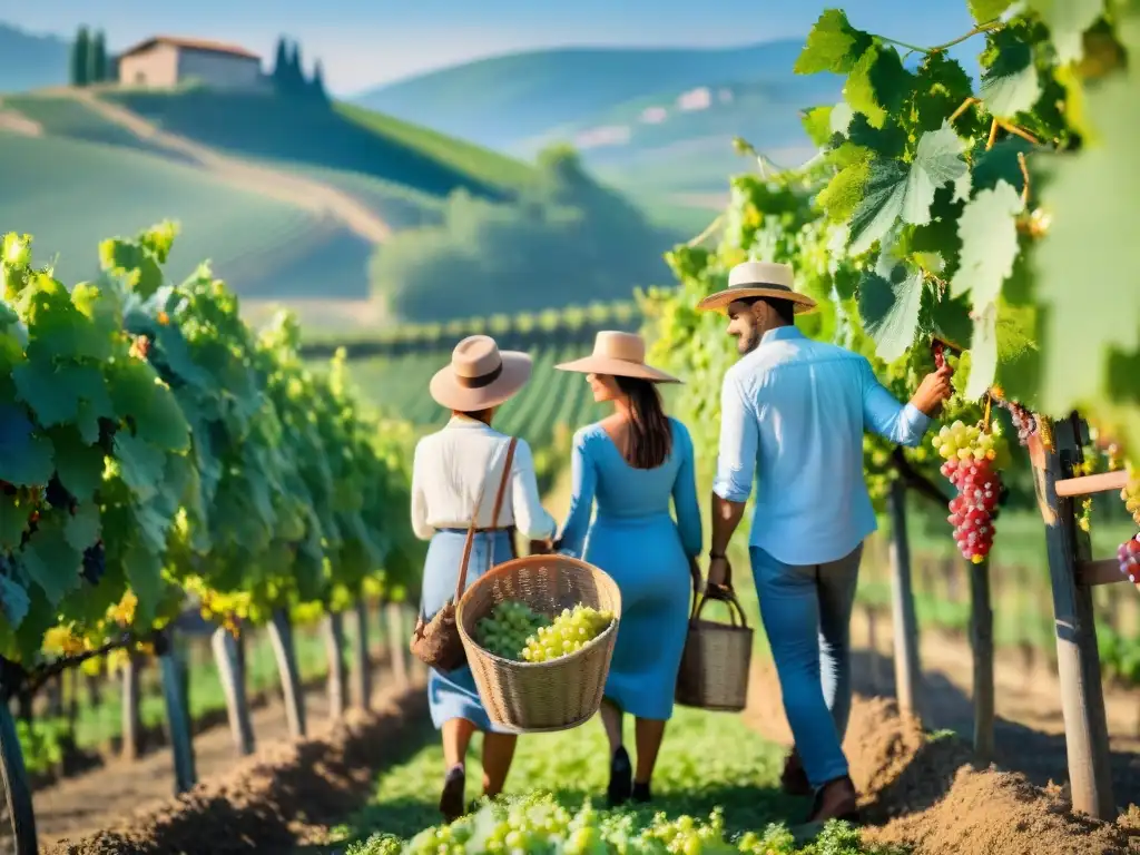 Hermosa escena de vendimia en una bodega francesa, con una familia recolectando uvas bajo el cielo azul