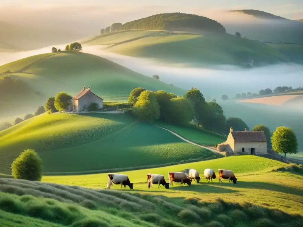 Hermosa granja en colinas francesas al amanecer con vacas pastando