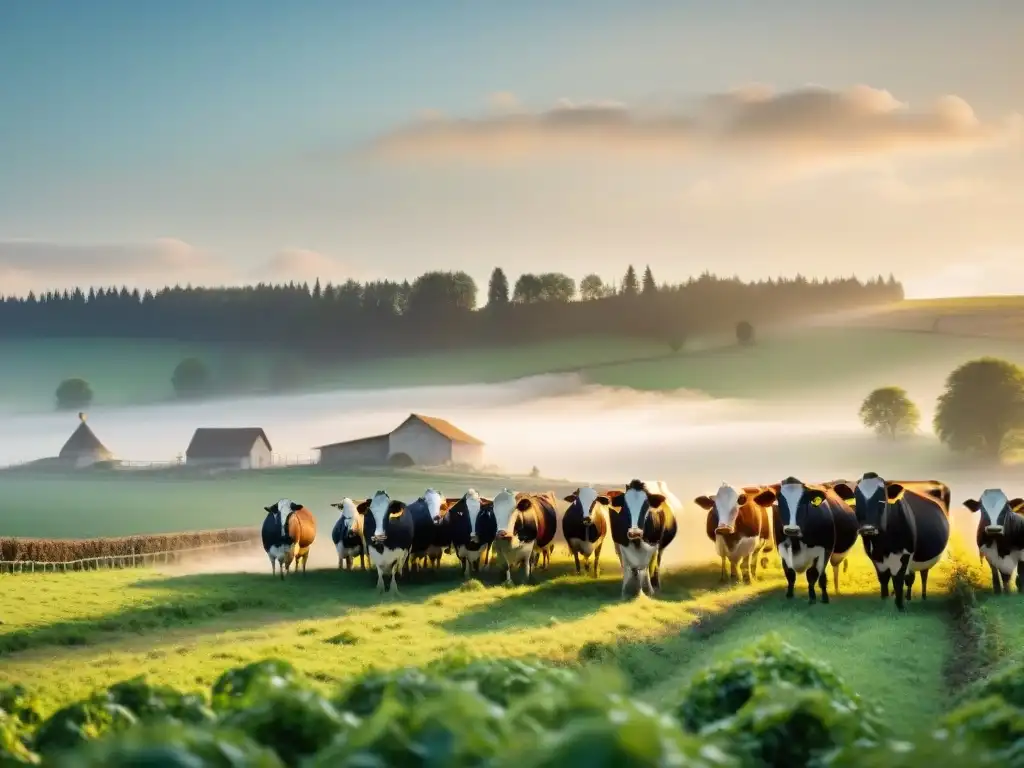 Hermosa granja lechera francesa al amanecer, con vacas pastando y una casa de campo humeante