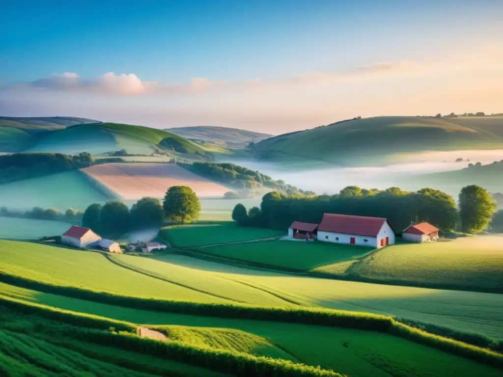 Hermosa granja lechera francesa al amanecer, con vacas pastando en prados verdes