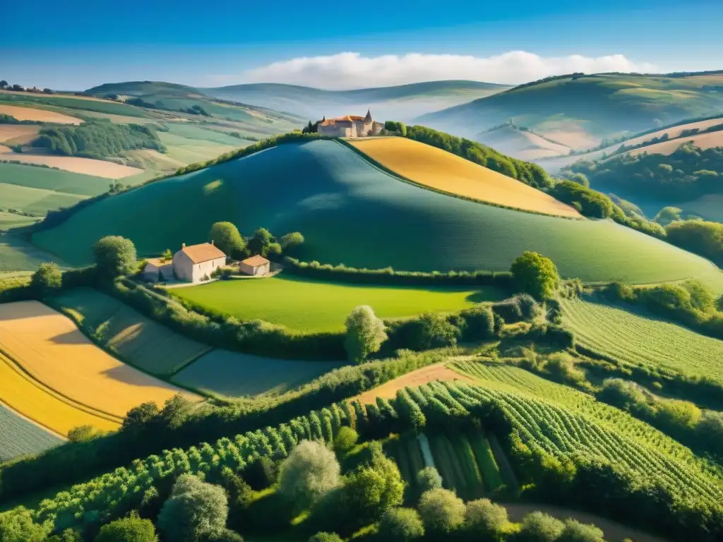 Hermosa vista aérea de la campiña francesa con historia de quesos franceses icónicos