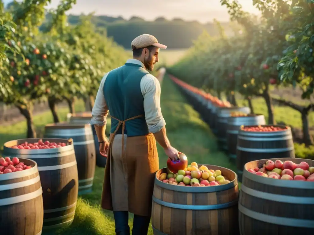 Un hermoso atardecer en una tradicional finca de sidra francesa en Normandía