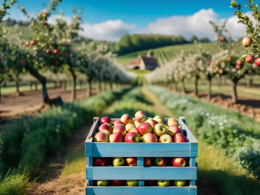 Un hermoso huerto de manzanas en la campiña francesa con una prensa de sidra