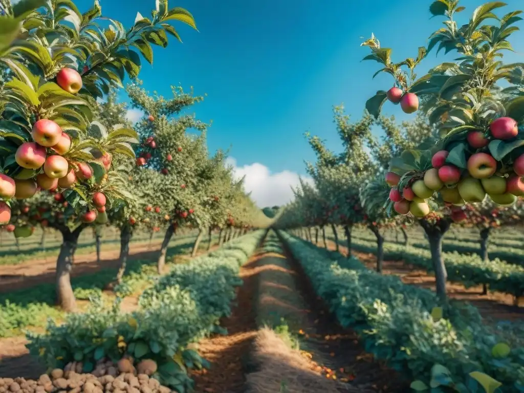 Un hermoso huerto de manzanas en Bretaña, Francia, ilustrando la tradición frutal de la región