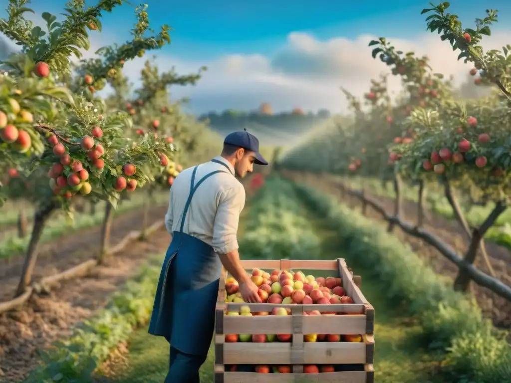 Un hermoso huerto de manzanos en la campiña francesa, retratando árboles verdes cargados de manzanas bajo un cielo azul