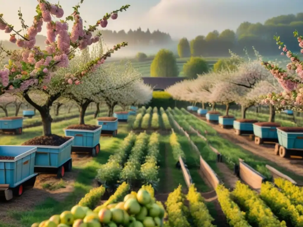 Un hermoso huerto de sidra francés en floración durante la primavera