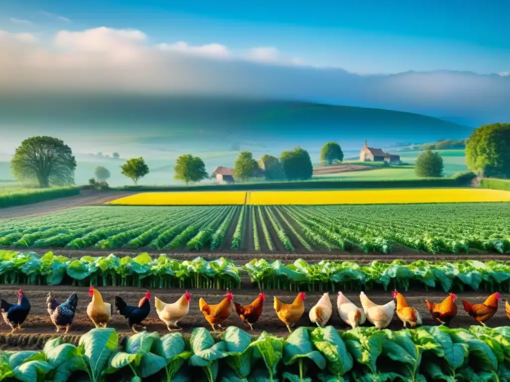 Un hermoso paisaje de una granja orgánica francesa con un agricultor recolectando verduras, rodeado de gallinas