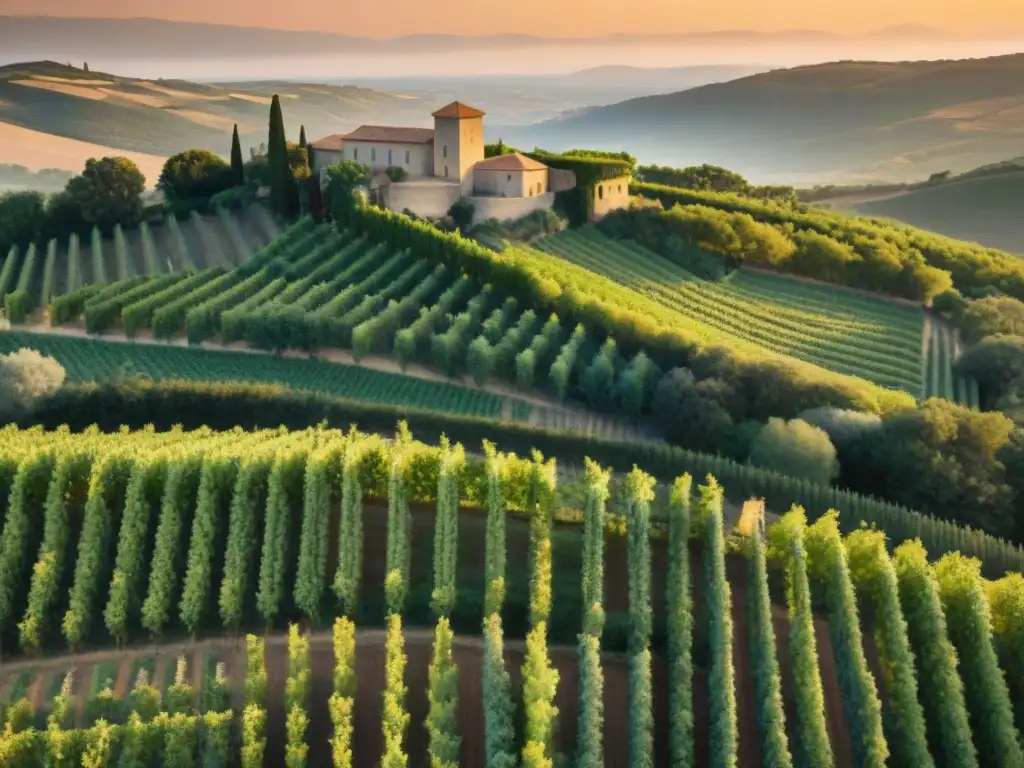 Un hermoso viñedo de Languedoc al atardecer, reflejando la rica gastronomía francesa