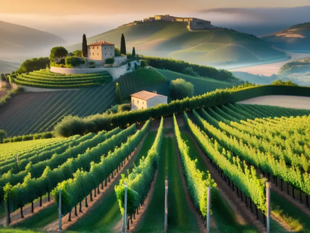 Un hermoso viñedo en Languedoc, Francia, con vides verdes bajo la luz dorada del atardecer