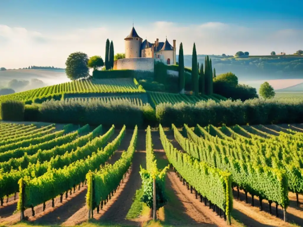 Un hermoso viñedo orgánico en la campiña francesa con un château de piedra al fondo