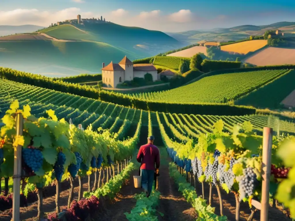 Un hermoso viñedo en Beaujolais durante la vendimia, mostrando la historia y la cultura del vino Beaujolais Nouveau en Borgoña