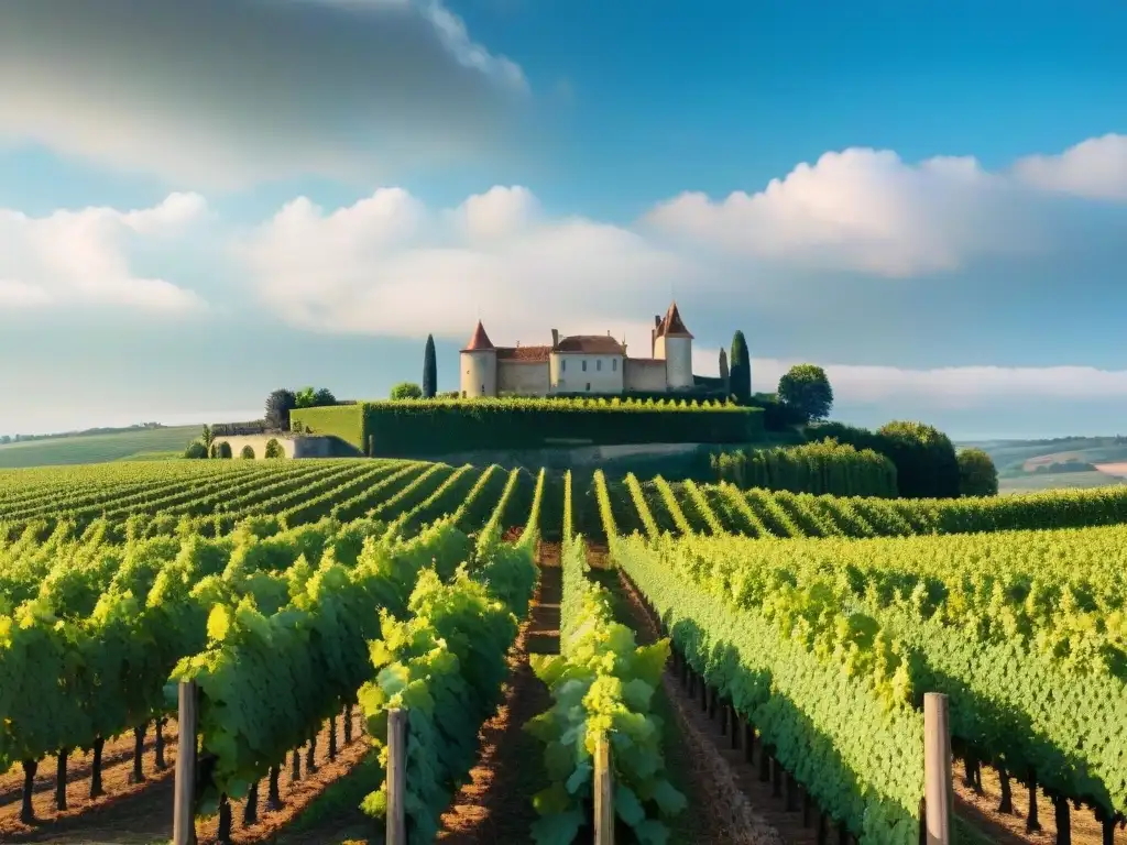 Hermosos viñedos en Burdeos, Francia, con un château tradicional en primer plano