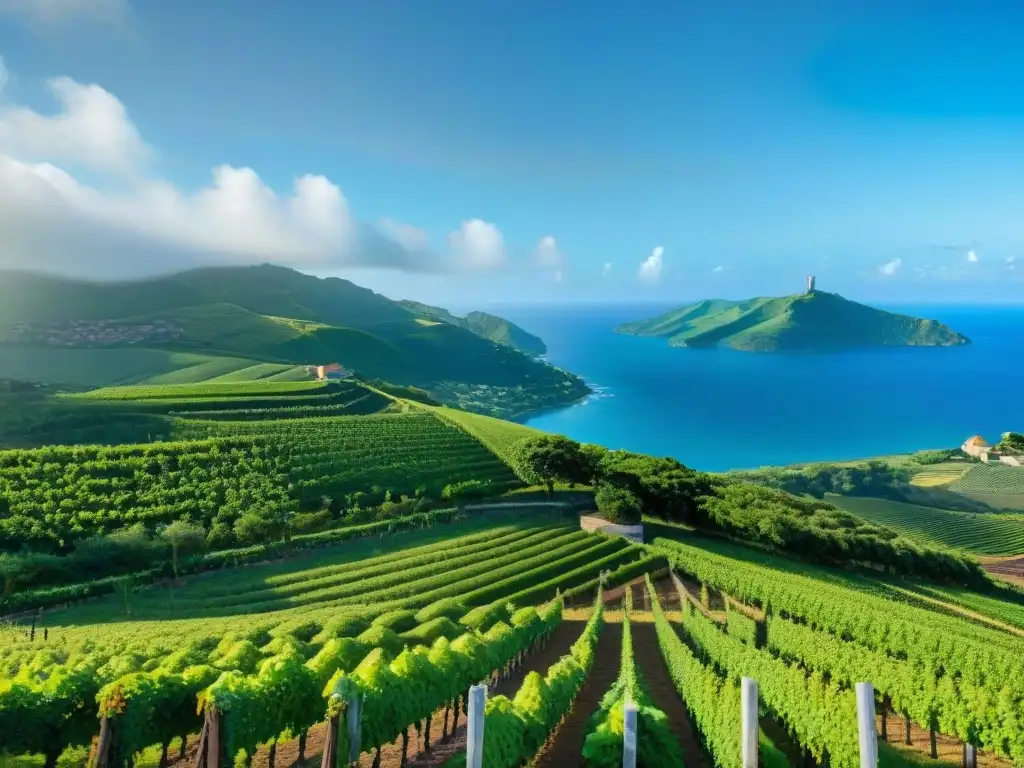 Hermosos viñedos verdes en Martinica, con viñas cargadas de uvas maduras y un chateau francés