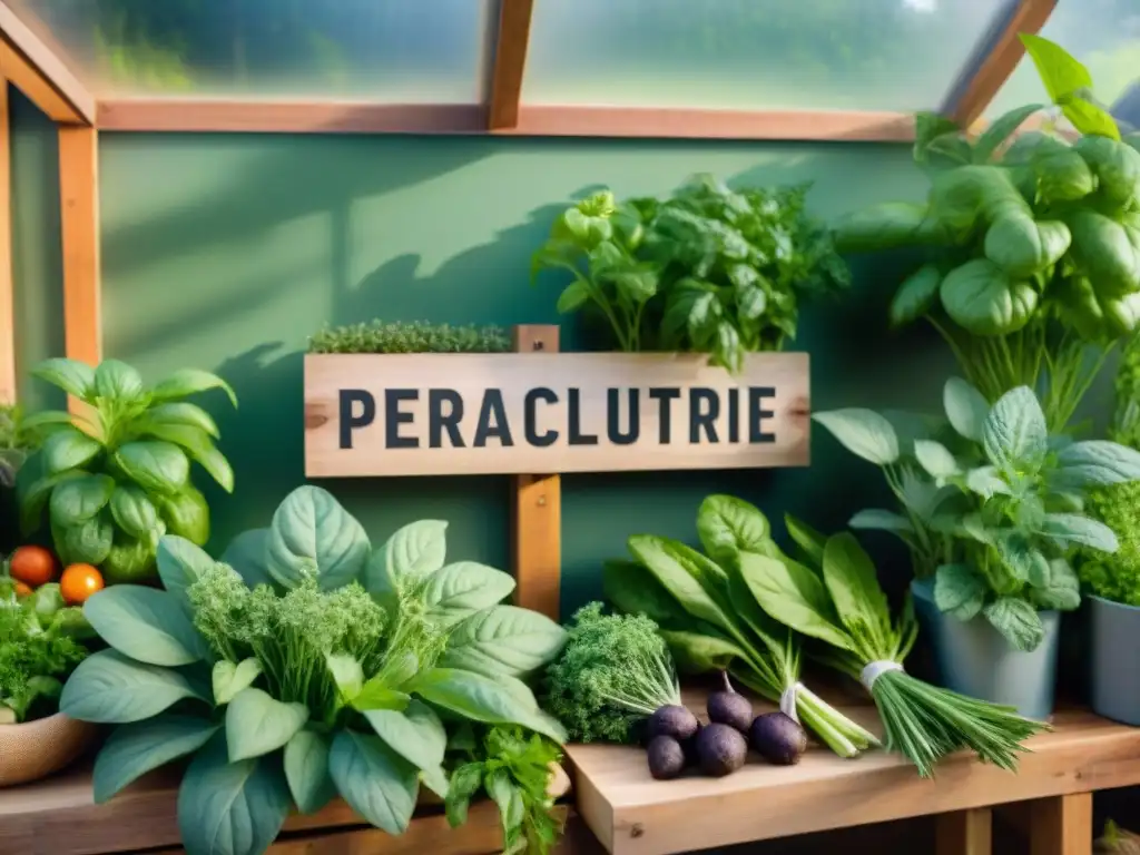 Un jardín de permacultura francés con hierbas, verduras y frutas frescas dispuestas de forma organizada