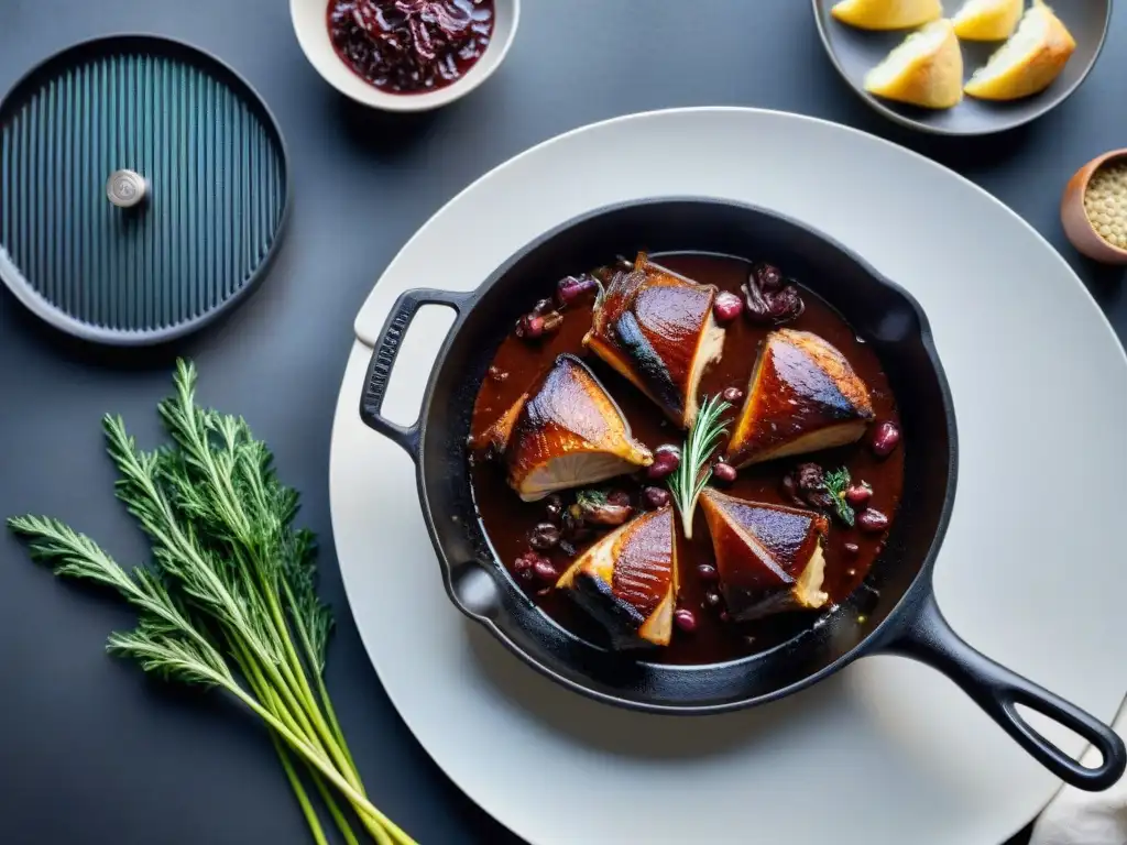 Una sartén de hierro colado con coq au vin sizzling, fusionando recetas francesas tradicionales con utensilios cocina antiadherentes modernos