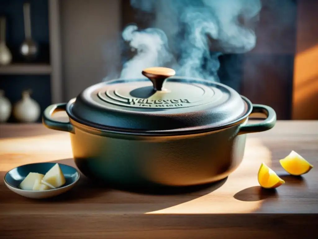 Una cocotte de hierro fundido, con años de uso y cuidado, lista para preparar la receta tradicional de Coq au Vin