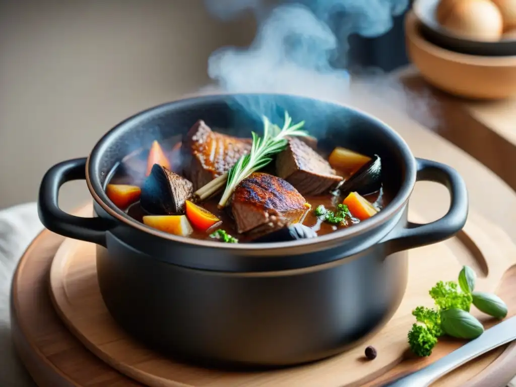 Una cocotte de hierro fundido francés, detallada y reluciente, refleja la tradición culinaria con un coq au vin receta tradicional