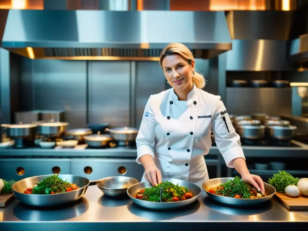 Hélène Darroze creando su obra maestra culinaria en su restaurante francés Historia de pasión gastronomía francesa: Hélène Darroze creando una exquisita receta en su restaurante de renombre