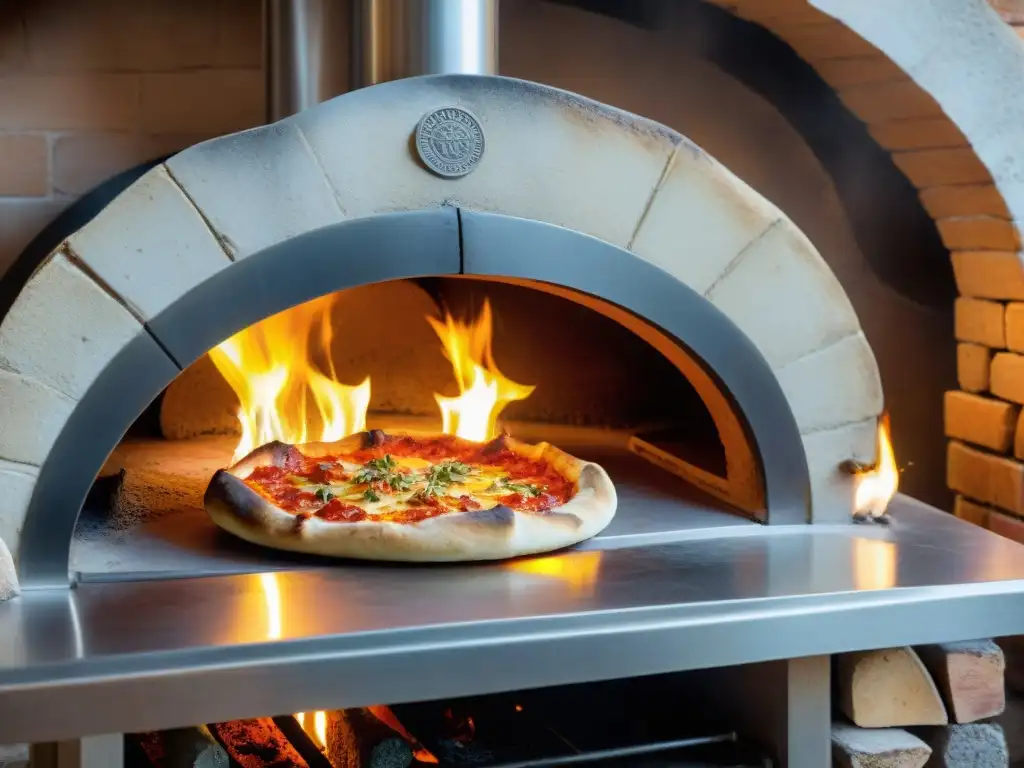 La historia de la pizza francesa cobra vida en un horno de leña tradicional, donde un chef desliza una pizza recién hecha en las llamas danzantes